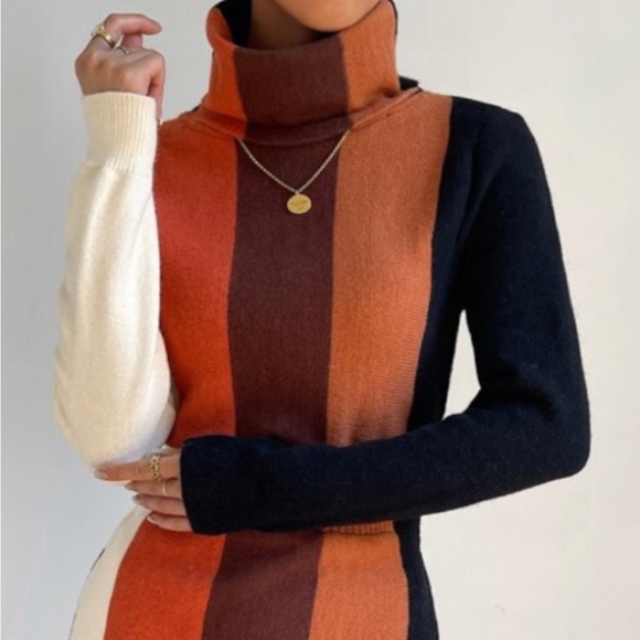 Cozy Color Block Stripe Turtleneck Sweater Dress - Picture 3 of 11